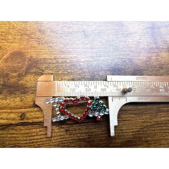 VTG Fashion Jewelry Rhinestone Brooch I Love Christmas Tree Red Green Clear Holi - Picture 5 of 5